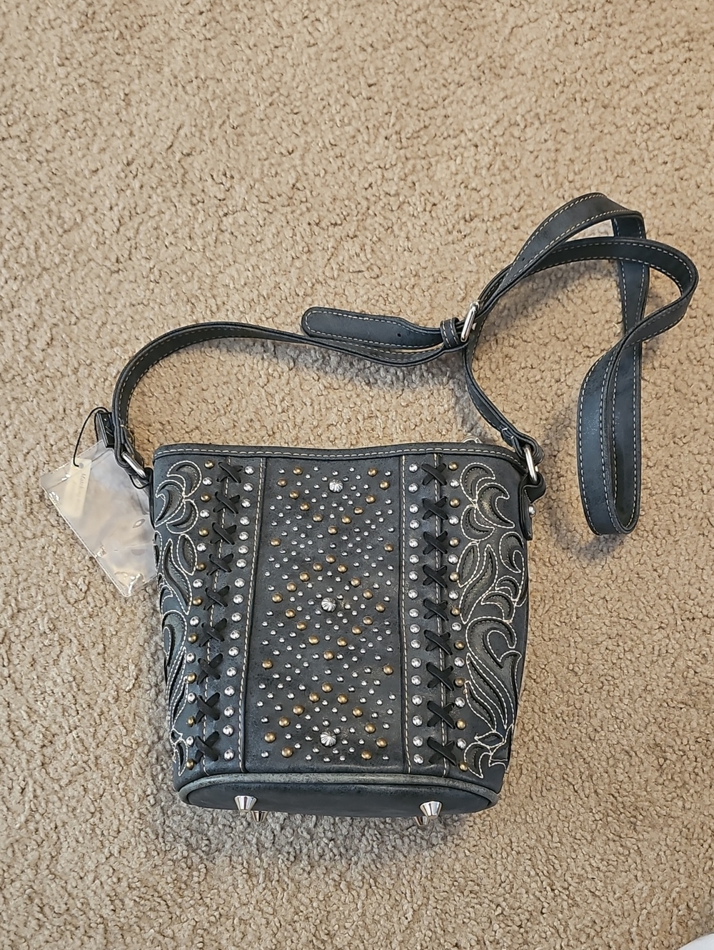 Montana West Dark Gray Studded Embroidered Crossbody Bag